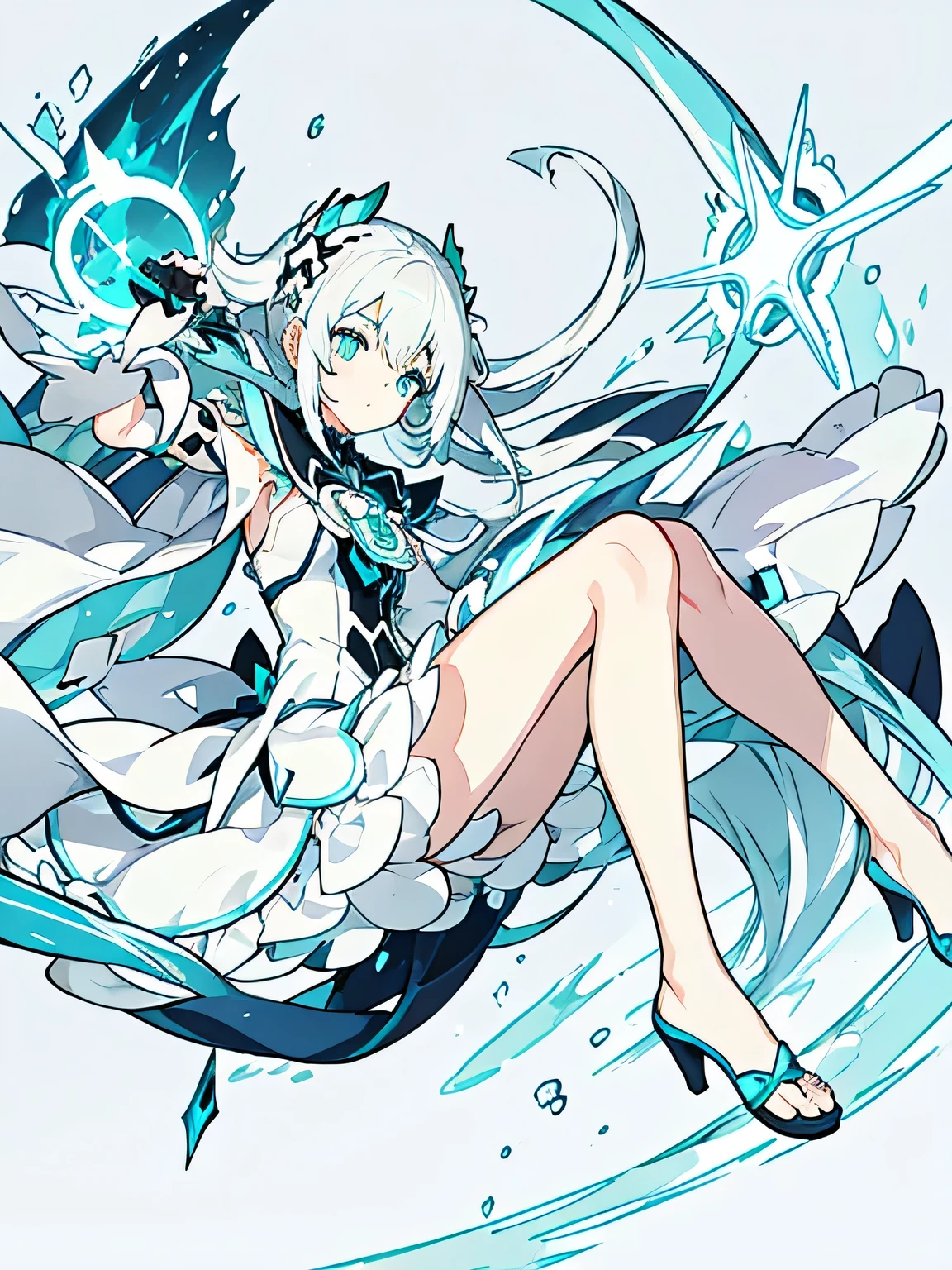 Anime girl with blue eyes, white hair, green eyes, With big sad bright eyes, Similar to the style of cytus and deemo, Sad blue eyes, She has diamond eyes, White Cyan, Eyes sparkling, Eyes sparkling, she has white eyes!!!, Sparkling eyes everywhere, White glowing eyes,