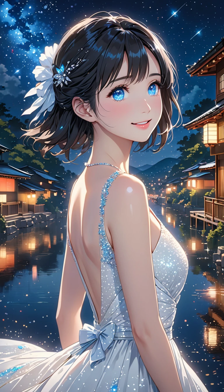 National Science Foundation,masterpiece,High resolution,8k,art,refer to,Kyoto Animation Style,Your Name movie style,To the camera,night,midnight,Light,(1 female: 1.3),(alone: 1.4),Sparkling Light Evening Dress,(Wearing a white dress),(Woman wearing a beautiful formal dress),Pure white dress,Elegant dress with Swarovski crystals,Crystal Hairpin,Long eyelashes,Thin legs,(Medium Hair),(Black Hair),Feminine poses,Sexy pose,close of upper body,Close-up,(Show upper body),Night starry sky,Eyes as deep as the starry sky,(Pale blue eyes),Moist eyes,Shining beautiful eyes,Blushed,shy,shy,Open your lips slightly and smile,Woman as beautiful,mystery,Mysterious,