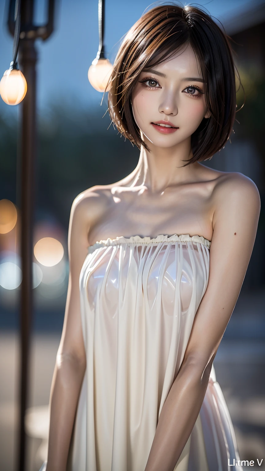 masterpiece, beautiful girl, Brown eyes、A beautiful, goddess-like smile、((Lighting the face:1.5)、((No underwear:1.9))、Exposed armpits:1.4、detailed, Beautiful Eyes, (Wear a revealing, thin, transparent, strapless camisole:1.7)、(Brown short bob cut:1.5)、highest quality, 超A high resolution, (reality: 1.4), Original photo, One Girl, Cinema Lighting, (Laughter:0.6), Japanese, Asian Beauty, Korean, Proper, Truly beautiful, A slightly younger face, Beautiful skins,Orange Hair、 slim and small breasts, Wear a strapless camisole that flatters your figure:1.6、Night view background, (Ultra-realistic), (Raise awareness), (High resolution), (8k), (Very detailed), (The best Raise awarenessns), (Beautiful and detailed eyes), (Super detailed), (wallpaper), (Detailed face), Looking at the audience, Detailed, Detailed face、Deep Shadow、Inconspicuous、Pure erotic face ace_v1、46 point diagonal bangs、Look straight ahead、I can see her small breasts, Flat Chest、Brown eyes、