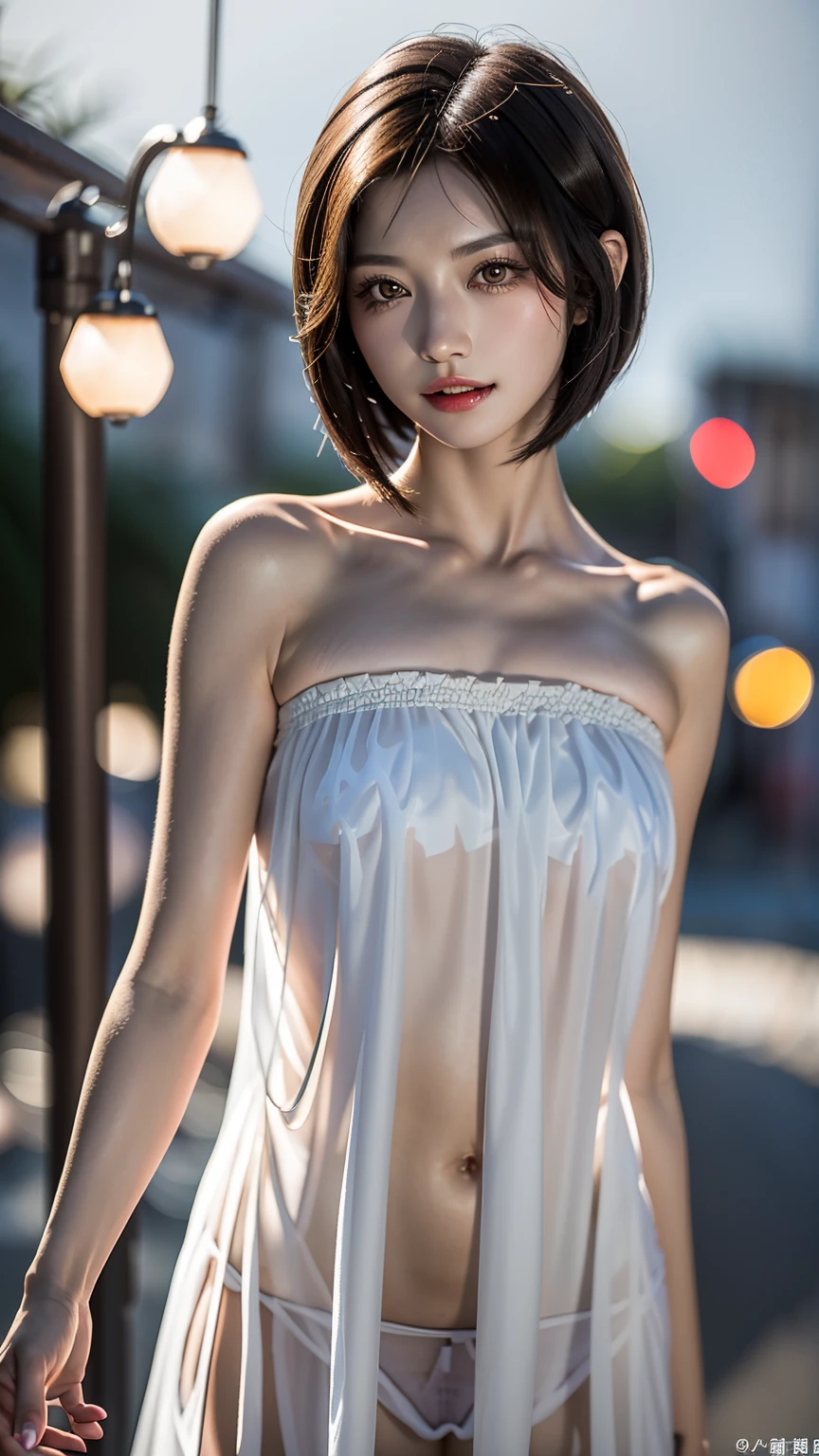 masterpiece, beautiful girl, Brown eyes、A beautiful, goddess-like smile、((Lighting the face:1.5)、((No underwear:1.9))、Exposed armpits:1.4、detailed, Beautiful Eyes, (Wear a revealing, thin, transparent, strapless camisole:1.7)、(Brown short bob cut:1.5)、highest quality, 超A high resolution, (reality: 1.4), Original photo, One Girl, Cinema Lighting, (Laughter:0.6), Japanese, Asian Beauty, Korean, Proper, Truly beautiful, A slightly younger face, Beautiful skins,Orange Hair、 slim and small breasts, Wear a strapless camisole that flatters your figure:1.6、Night view background, (Ultra-realistic), (Raise awareness), (High resolution), (8k), (Very detailed), (The best Raise awarenessns), (Beautiful and detailed eyes), (Super detailed), (wallpaper), (Detailed face), Looking at the audience, Detailed, Detailed face、Deep Shadow、Inconspicuous、Pure erotic face ace_v1、46 point diagonal bangs、Look straight ahead、I can see her small breasts, Flat Chest、Brown eyes、