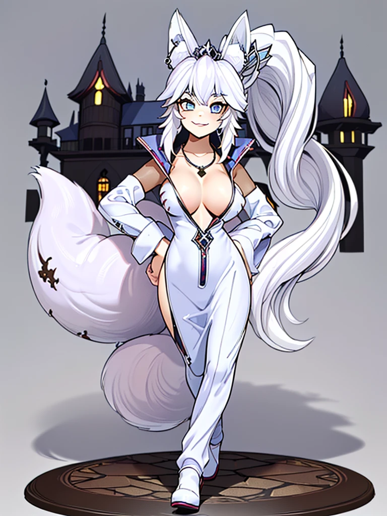 great quality ++ Extremely detailed high resolutionolution, very aesthetic, expressive eyes, (((Perfect face))), (((face symmetrical))), ((good anatomy)), (((perfect hands))), (((8k))), UHD, hd wallpaper, (((detailed high cal, (((((1girl)))))), only, Masterpiece, The best quality, high resolution, Highly detailed, (illustration), Beautiful detailed eyes, ((((fullbody))), (((solo))), (((((koyan-la1))))), (((smiling))), (((fusion))), (((agglutination))), (((Combination))), ((((((((White hair)))))))), (((blue eyes))), (((ponytail))), (((jewelry))), (((necklace))), (((earrings))), only, jaeces, earrings, long hair, parody, (((scar))), (((scar ocular))), (((hair ornament))), (((whiter castle background))), (((hand on hip))), (((strolling))), Side ponytail, scar en la cara, (((Upper part of the body))), (((fox tail))), (((fox ears))), (((tiara))), (((jewelry))), (((earrings))), (((neckline trimming))),