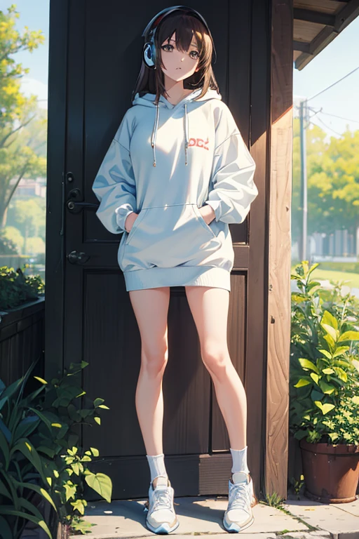 ((masterpiece, best quality, ultra-detailed)), 1girl, beautiful woman, wearing white hoodie, bracelet, blue midi pencil skirt, sneakers and socks, wearing headphones, full body, dark brown hair, messy hair, summer garden