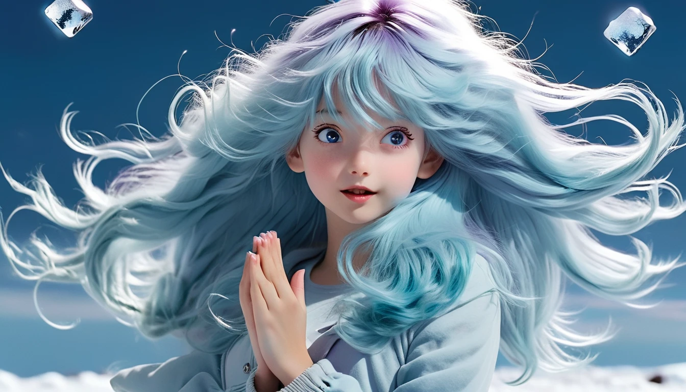 1girl, about 25 years old, long light blue hair, messy hair, hair bangs, hair blowing in the wind.  Ice emerging from  hear hand. imposing. Beautiful face. Delicate facial features. Purple eyes. Perfect teeth. Perfect hands. Cosmic background.