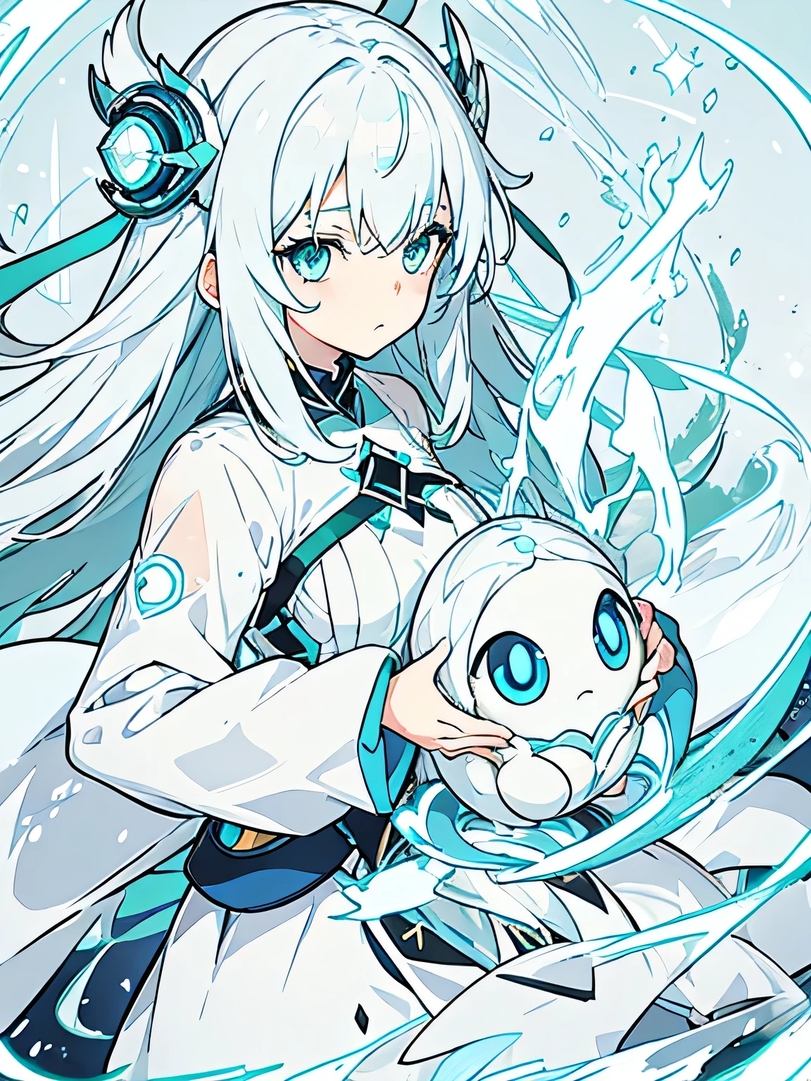 Anime girl with blue eyes, white hair, green eyes, With big sad bright eyes, Similar to the style of cytus and deemo, Sad blue eyes, She has diamond eyes, White Cyan, Eyes sparkling, Eyes sparkling, she has white eyes!!!, Sparkling eyes everywhere, White glowing eyes, 