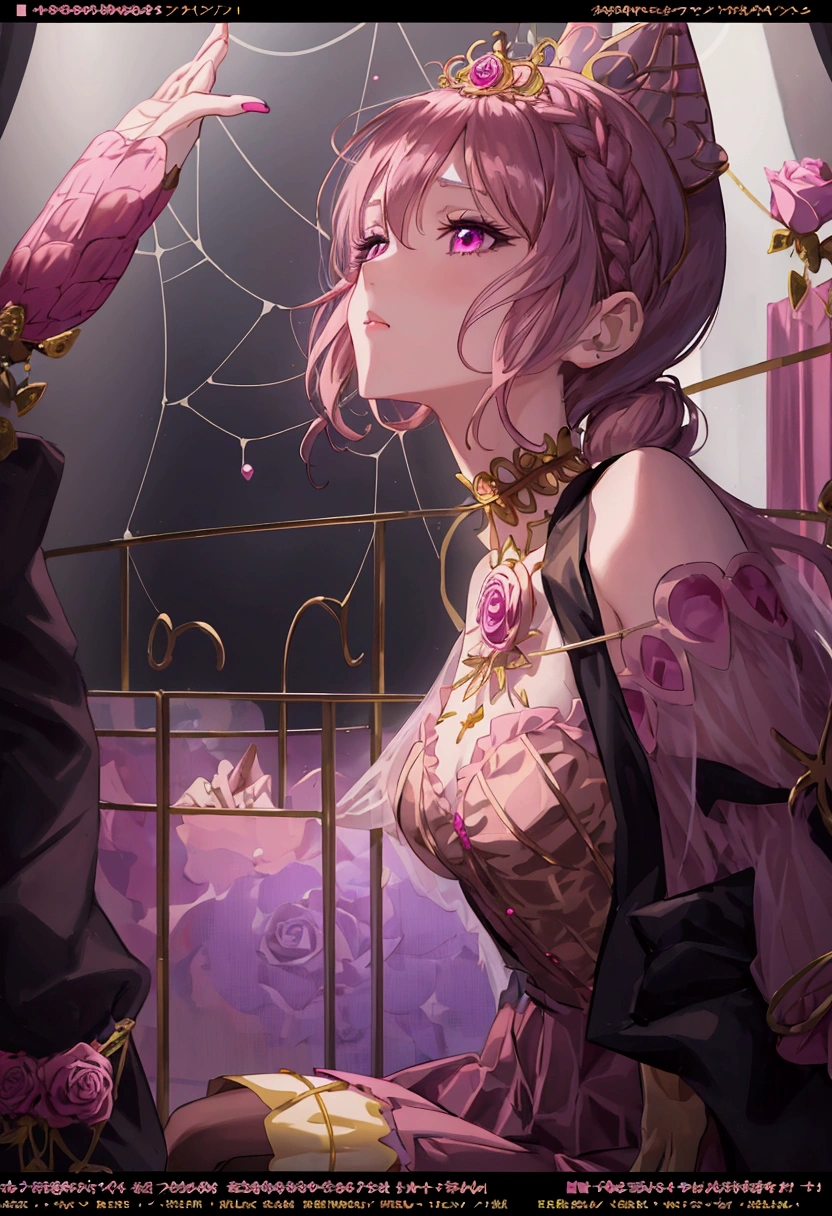 Create an anime-style girl with (((deep magenta eyes and long, wavy pink hair))) ((styled in an elegant frenchbraid)). (((She is slender, and with small breasts))). ((Ensure a full-body shot of her)) wearing a (((magical girl-themed outfit.))) ((The outfit features a fitted bodice with a sweetheart neckline, gold embroidery, and pastel pink accents. The bodice has delicate rose gold spider web patterns. She wears a multi-layered knee-length skirt with a high-low hemline, the outermost layer sheer with gold and rose gold spider web patterns. She has off-the-shoulder puff sleeves, arm-length pastel pink gloves with gold trim, and a gold choker with a red gemstone. The outfit includes a short, detachable sheer cape with rose gold spider web patterns and is fastened with gold brooches. She wears pastel pink ankle boots with gold heels and rose gold laces. Accessories include a gold tiara with a red gemstone and gold spider-shaped hairpins.)) The overall look is regal and ethereal, with magical glowing effects. cutesexy, purinpuon pixiv, no future, a hyperrealistic , hyperrealistic , realistic , seductive (anime girl), smooth anime cg art, beautiful alluring anime teen, (purinpuon pixiv), ((magical girl)), (masterpiece), best quality, expressive eyes, perfect face ((Highest quality))、((8K))、(((8k wallpaper))) ((Full Body Shot: 1.5))、ultra detailed, masterpiece, best quality, solo ((purinpuon pixiv, no future)) (((purinpuon pixiv, no future)))