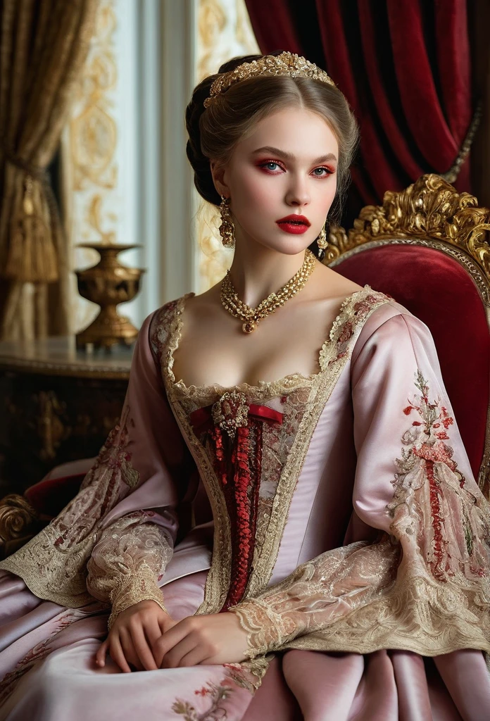 (highres,masterpiece:1.2),(realistic:1.37)A portrait of a Russian vampire girl in the 18th century with unparalleled beauty. She has mesmerizing red eyes and delicate rosy lips. long fangs, The portrait is meticulously detailed, capturing every subtle nuance of her features. She is adorned in an exquisite silk gown, embellished with intricate lace and delicate embroidery. The painting showcases the opulence of the era, with lush velvet curtains and gilded furniture in the background. The lighting is soft and diffused, accentuating the girl's ethereal beauty. The colors are vibrant and rich, creating a captivating visual experience. The portrait is created in the style of classical portraiture, reminiscent of the works of renowned artists from the era. It exudes elegance, grace, and sophistication.