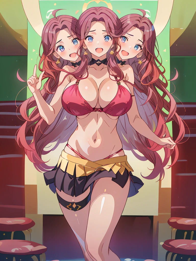 (masterpiece, best quality), best resolution, (3heads:1.5), 1girl, masterpiece, best quality, Dorothea, reddish pink-black bikini, pink-black miniskirt, long hair, sexy dancer attire, revealing attire, smile, hand up, v sign, open mouth, looking at viewer, field, lake masterpiece, best quality, open breasts, huge tits, huge breasts, detailed eyes, sexy pose, alluring presence, beautiful eyes, 

