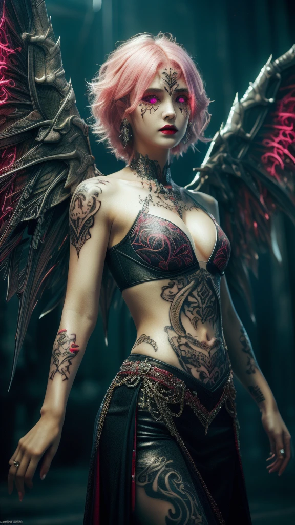 Cute Japanese woman, (), (Very cute face: 1.3), Red lips, White moist skin, Melancholic expression,
BREAK,
(Beautiful belly button), (White skin),
BREAK,
Female superior ancient strigoi vampire, Horror, Angel wings, Black wings, Red jewelry, (Big wings: 1.4), Satan, Hellfire, Full body, Devil, Flame,
BREAK,
Short hair, (Short bob hair), (Bangs: 1.2), (Pink hair: 1.3), (Wavy hair),
BREAK,
(Facial tattoo: 1.4), (Facial rhinestones: 1.1),
BREAK,
Masterpiece, Perfect lighting, Ultra high resolution, 8K, (Very detailed: 1.4), (From the front), Looking at the camera,
BREAK,
(Neon lights: 1.2),