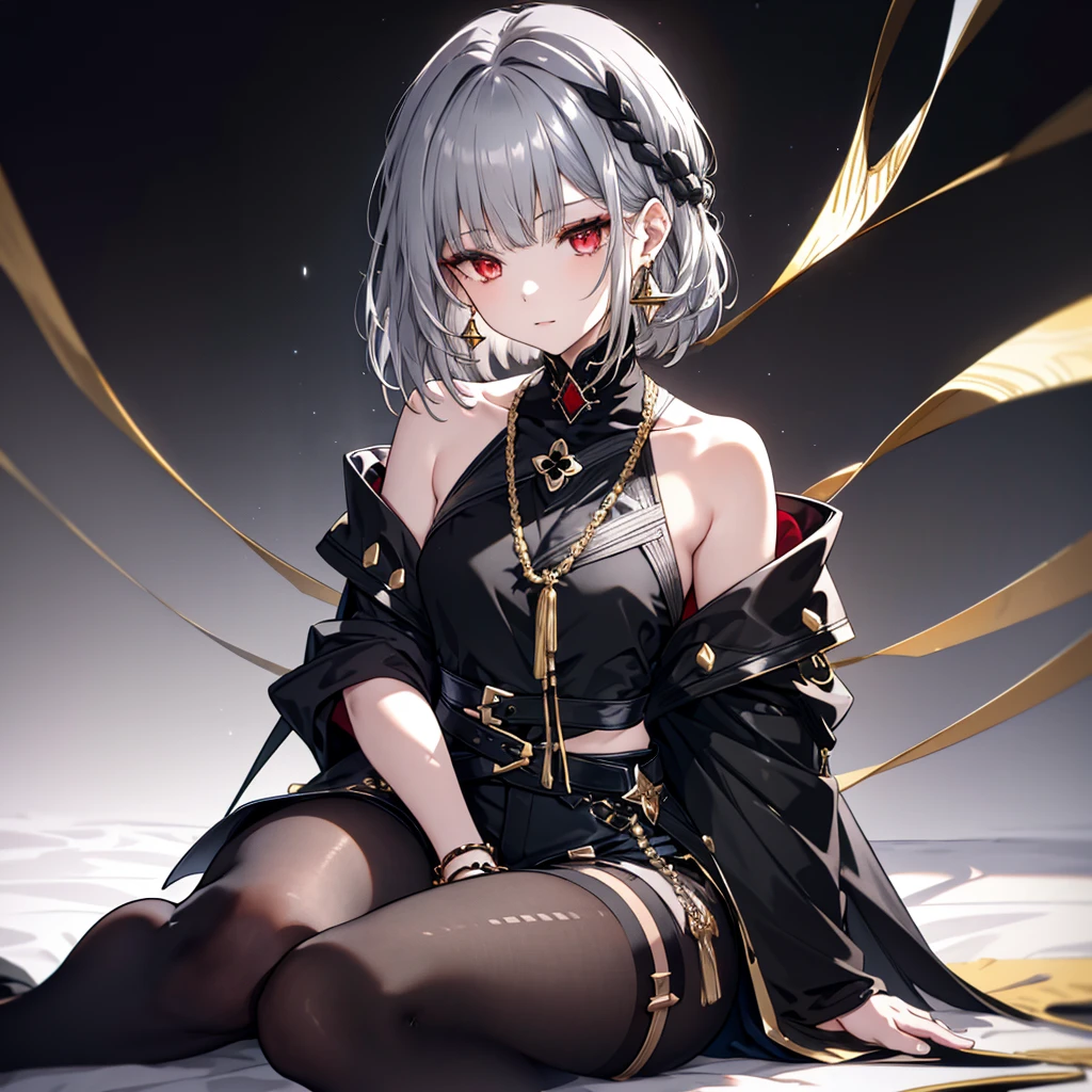 8k,High resolution RAW color art,Anime Art,Silver Marble Skin, (((Very detailed and cool))), Detailed skin, Bokeh、texture,(Exquisitely crafted, The finer details, Ultra-detailed art), (((1 girl))), Depth of written boundary, Silky Touch, Hyper Detail, (((Cool face))), eye shadow, Beautiful detailed red eyes, Beautiful lip detail, Highly detailed face, Delicate depiction of hair and eyes, Detailed Fashion, Golden Earrings,Full body depiction, Black half top、(((Shoulder Bare)))、Black shorts、Waist Cloak、black tights、Golden decoration, Grey Hair, Golden bracelet, Straight Hair、Short Hair、(((Hair)))、Simple Background、(((Black theme)))、snow、Side view、Girl sitting、look down、cloth、Clear face、bed、fluffy、Triangle sitting