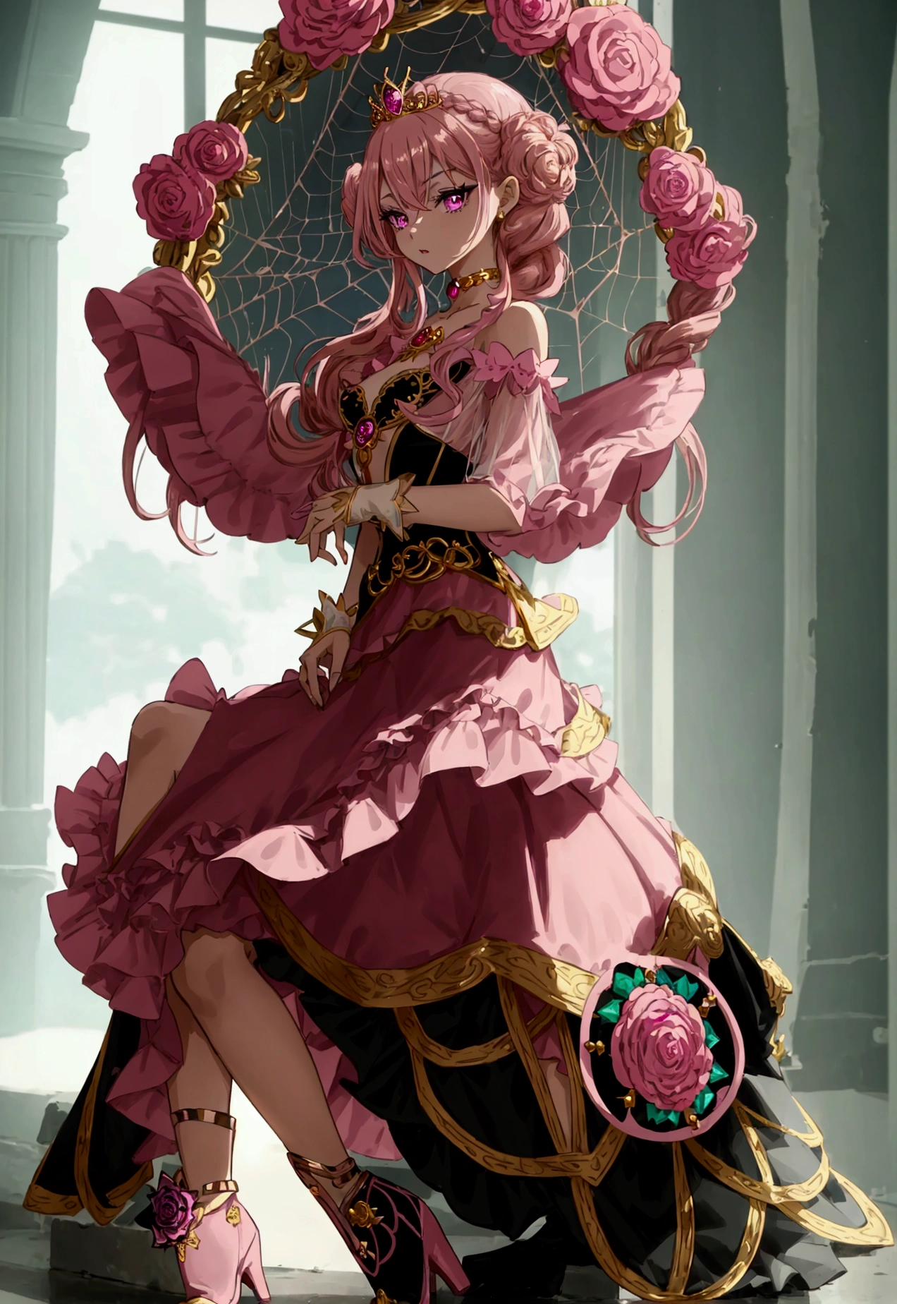 Create an anime-style girl with (((deep magenta eyes and long, wavy pink hair))) ((styled in an elegant frenchbraid)). (((She is slender, and with small breasts))). ((Ensure a full-body shot of her)) wearing a (((magical girl-themed outfit.))) ((The outfit features a fitted bodice with a sweetheart neckline, gold embroidery, and pastel pink accents. The bodice has delicate rose gold spider web patterns. She wears a multi-layered knee-length skirt with a high-low hemline, the outermost layer sheer with gold and rose gold spider web patterns. She has off-the-shoulder puff sleeves, arm-length pastel pink gloves with gold trim, and a gold choker with a red gemstone. The outfit includes a short, detachable sheer cape with rose gold spider web patterns and is fastened with gold brooches. She wears pastel pink ankle boots with gold heels and rose gold laces. Accessories include a gold tiara with a red gemstone and gold spider-shaped hairpins.)) The overall look is regal and ethereal, with magical glowing effects. cutesexy, purinpuon pixiv, no future, a hyperrealistic , hyperrealistic , realistic , seductive (anime girl), smooth anime cg art, beautiful alluring anime teen, (purinpuon pixiv), ((magical girl)), (masterpiece), best quality, expressive eyes, perfect face ((Highest quality))、((8K))、(((8k wallpaper))) ((Full Body Shot: 1.5))、ultra detailed, masterpiece, best quality, solo ((purinpuon pixiv, no future)) (((purinpuon pixiv, no future)))