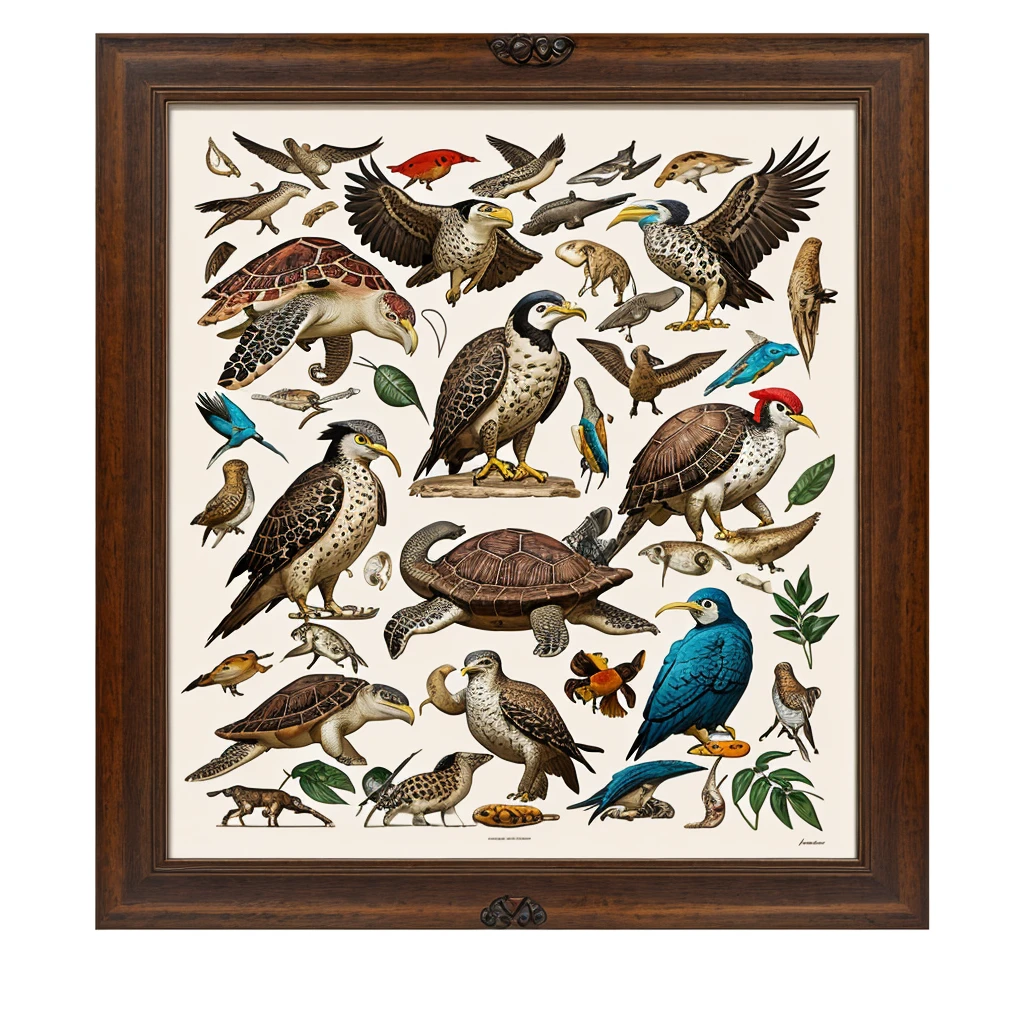 Unique composition that mixes four different types of animals in one with a Buffalo leg, Woodpecker head, Baboon mouth, Hawksbill Turtle limbs. Animals must be integrated to create a single figure that is visually appealing and suitable for printing on t-shirts. The image should have a high quality, transparent background for overlaying on different fabric colors, and may include a subtle frame of wind and water around the composition or random frames that complement the theme. Use vibrant, contrasting colors, and include stylized elements that highlight the animals' characteristics.