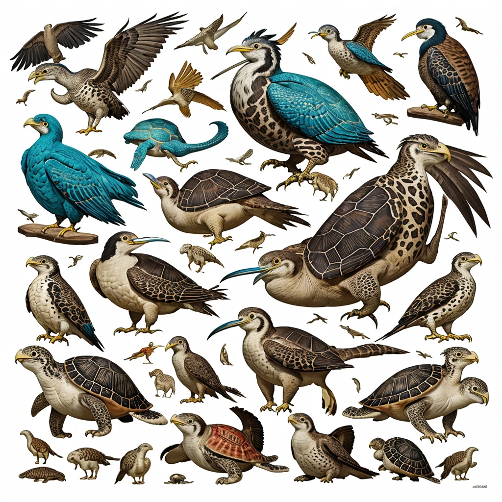 Unique composition that mixes four different types of animals in one with a Buffalo leg, Woodpecker head, Baboon mouth, Hawksbill Turtle limbs. Animals must be integrated to create a single figure that is visually appealing and suitable for printing on t-shirts. The image should have a high quality, transparent background for overlaying on different fabric colors, and may include a subtle frame of wind and water around the composition or random frames that complement the theme. Use vibrant, contrasting colors, and include stylized elements that highlight the animals' characteristics.