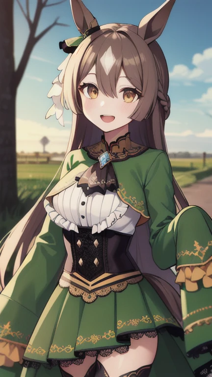 masterpiece, best quality, highres, aasato, long hair, half updo, braid, hair between eyes, animal ears, ear ornament, horse tail, breasts, frills, black ascot, green dress, (sleeves past wrists:1.2), black thighhighs, cowboy shot, standing, outdoors, smile, open mouth