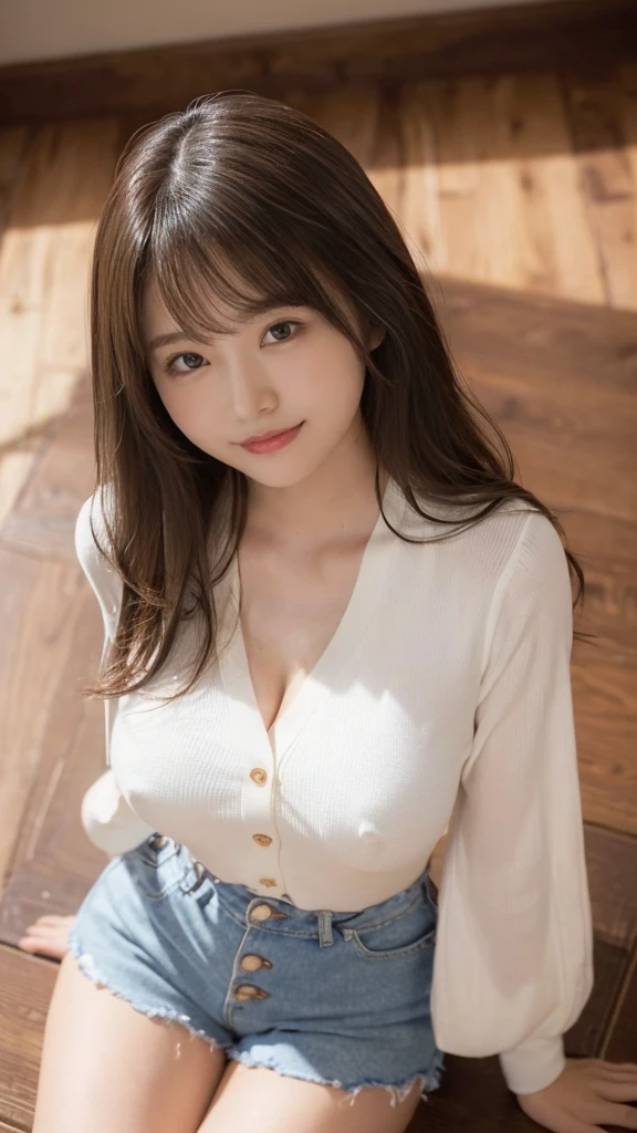 1 girl(Extremely detailed image quality)極Realistic skin texture、Highly detailed face(Butt-length hair、Very long curly hair、Beautiful, moisturized and easy-to-manage hair、Smooth Hair)((Bright smile))、stare(sexyな15歳の女の子、Small face、Very beautiful face、Natural Makeup)(Fair skin)(Sparkling Eyes)Smooth Skin、Realistic skin texture ((Inside an old Western building、古いfloor、Table set、Large round rug))(((Thin white buttoned shirt、No sleeve、Button unbuttoned、Open the front、The chest area looks bold)))((Knee-high socks))((Gingham check、Very short shorts、Open to the front、I can see your pants)))) ((Sexy pose))very beautiful armpits、Round beautiful breasts、Beautiful cleavage、Narrow waist、narrow:1.2 、Big Asobi Lighting、Reflective plate、Face Light、Very provocative and sensual pose、sexy、Raise your arms((((floor、floorに寝る:1))))((Messy Hair,I can see up to my ankles))(((Full body shot from above)))