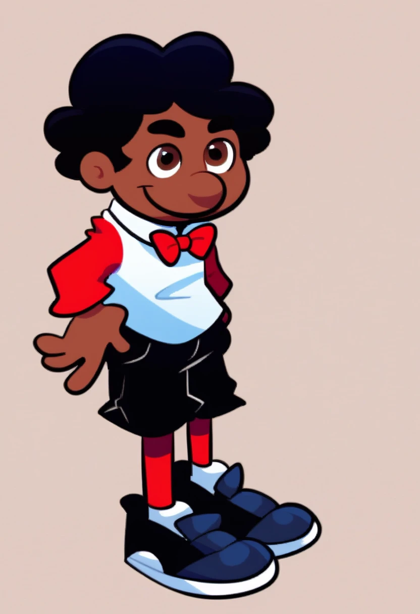 bitterman_carlito, dark skin, bowtie, red bow, red suit, white shirt underneath suit, long sleeve. hispanic, 1boy, solo, full body, shorts, black shorts, black shoes, black hair, brown eyes. simple background, amanditas4_style, standing, thick eyebrows, thick black mustache