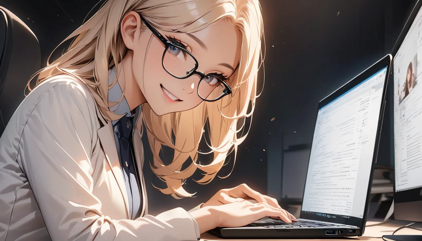 Office workers working on a computer,Portraiture,Professional,Wearing a smart suit,Stylish glasses,Typing on a sleek laptop,Use a wireless mouse,Sitting at a modern desk,Smile confidently,Soft natural light,High resolution,High resolution,Very detailed.One Woman ,alone