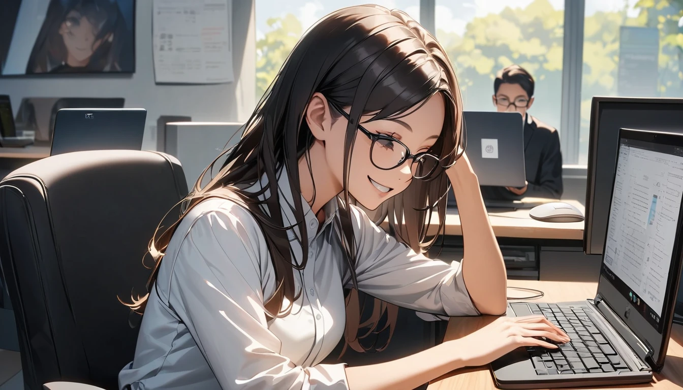 Office workers working on a computer,Portraiture,Professional,Wearing a smart suit,Stylish glasses,Typing on a sleek laptop,Use a wireless mouse,Sitting at a modern desk,Smile confidently,Soft natural light,High resolution,High resolution,Very detailed.One Woman ,alone