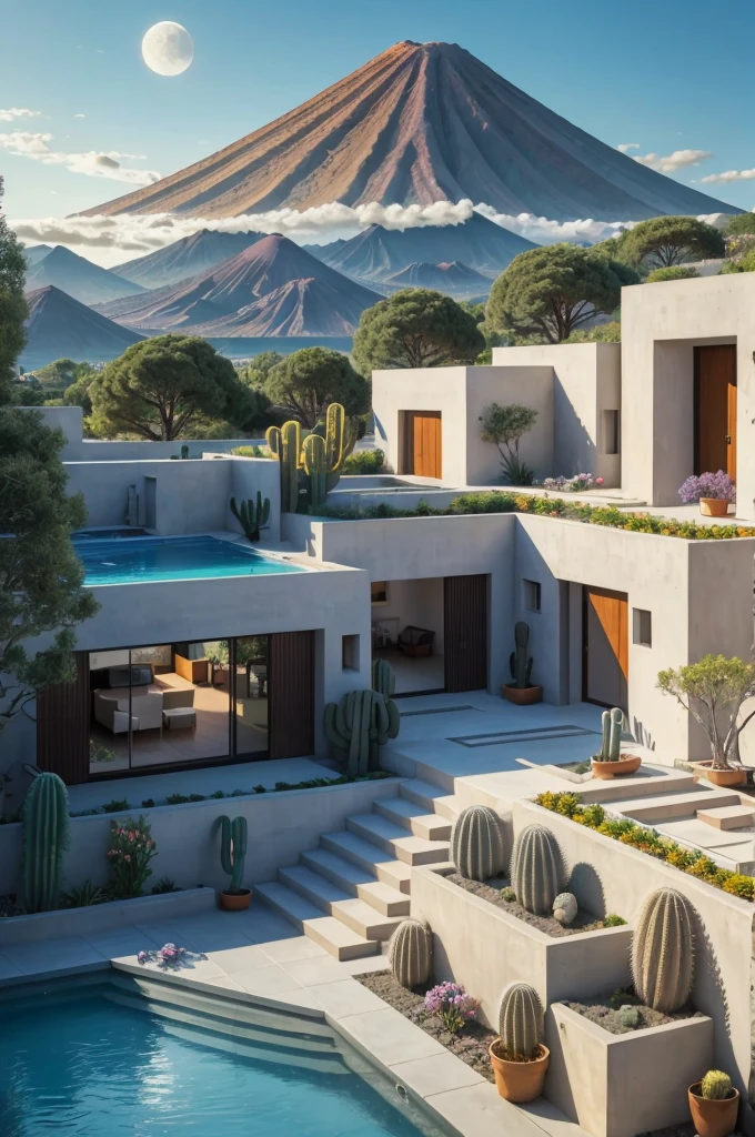 Multiple houses, brutalism style, Luis Barragán, Mountains in background, river, pool, terraces, stairs, garden terraces, trees, beautiful clouds, moon, sun, detailed, cacti, boulders, volcanic rocks, fuggy, river, lake, Violet, orange, olive green, blue, magenta, amazing volcano in horizont, beautiful garden design