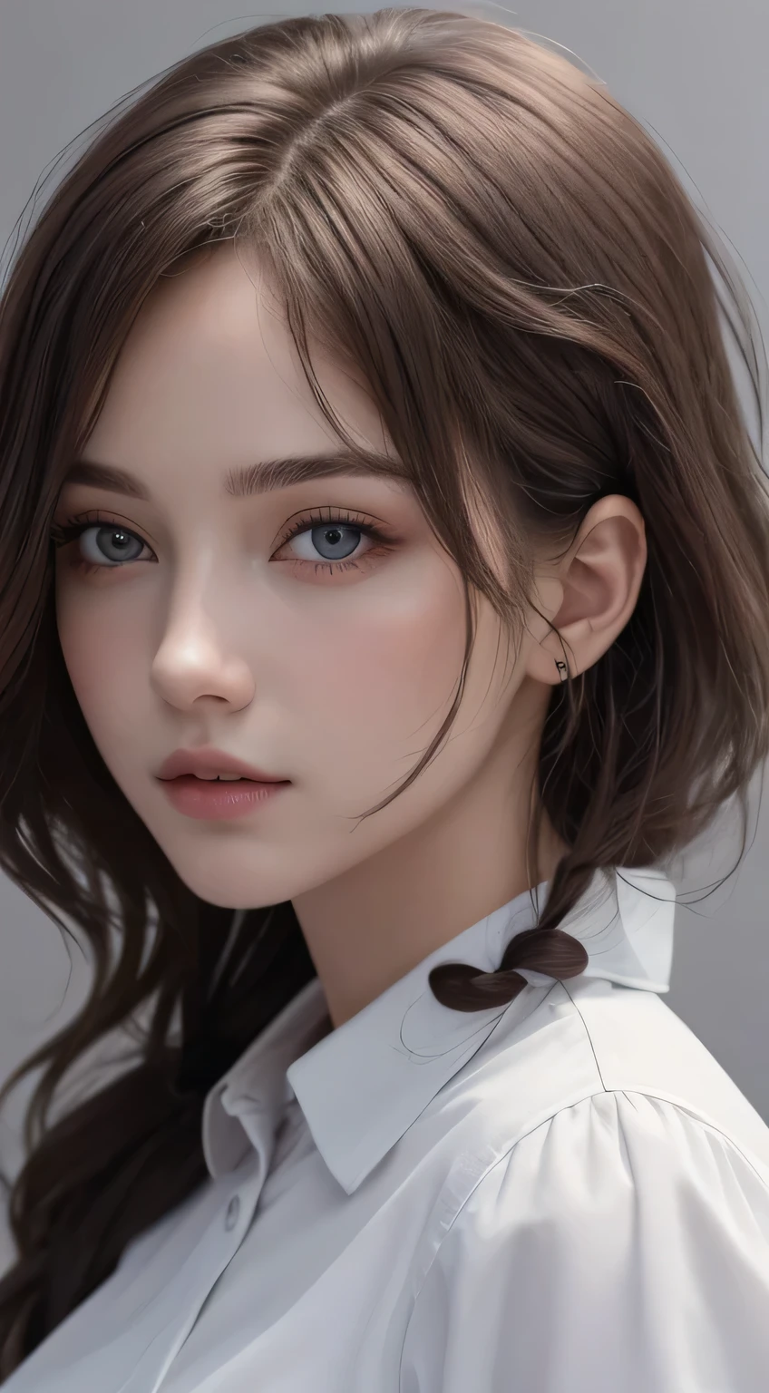 (photograph:1.2)、(photorealistic:1.3)、(masterpiece:1.3)、(Highest image quality:1.4)、ultra high resolution、(detailed eyes)、(detailed facial features)、(Detailed garment features)、8K resolution、solo focus、26 year old mature woman、small face、no makeup、Detailed leal beautiful eyes、bangs、gold hair、long cut hair, braided hair、(realistic skin)、beautiful skin、charming、ultra high resolution、Super realistic、High definition、Camisa branca aberta,middlebre、small breasts、bust B cup、small breasts、cool beauty、Gray background、cinematic lighting、perfect、soft light、High resolution skin:1.2、realistic skin texture、26 years old mature woman、small face、no makeup、Bust B Cup、Detailed beautiful brown eyes、short hair、dark brown hair、Cool beauty、