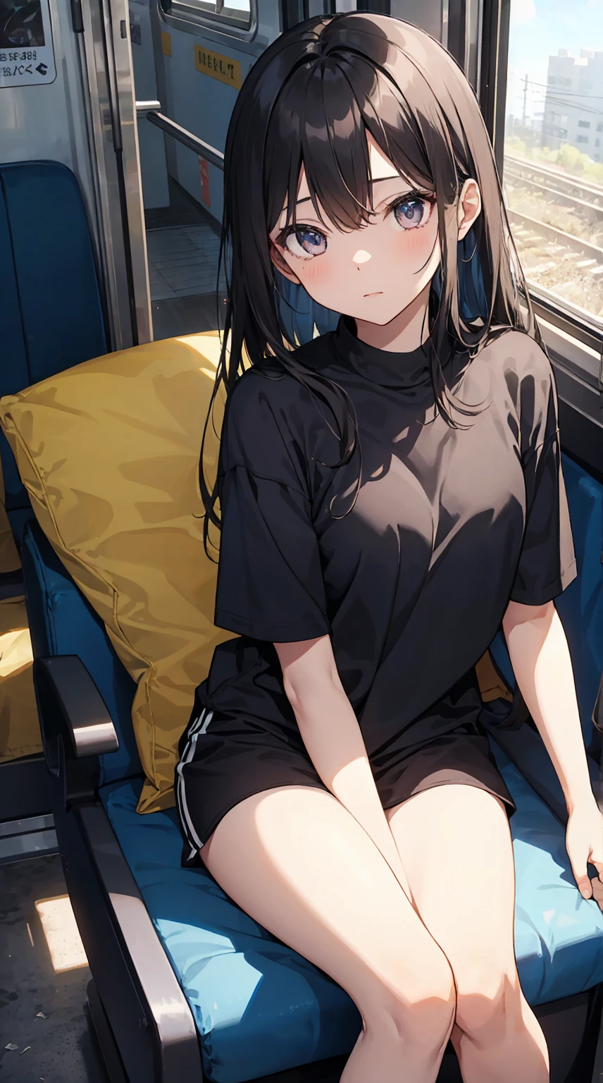 This illustration depicts a cute girl going on a holiday outing. She is in her twenties and has bright eyes. The location is inside the train. However, the most noteworthy thing is the "last mysterious high-energy body" she emits. This energy body released from her body has the power to annihilate the garbage in the sky. The blue-white light reaches every corner. He is sitting and dozing, and is wearing boyish clothes. It's summer and it's very hot.
