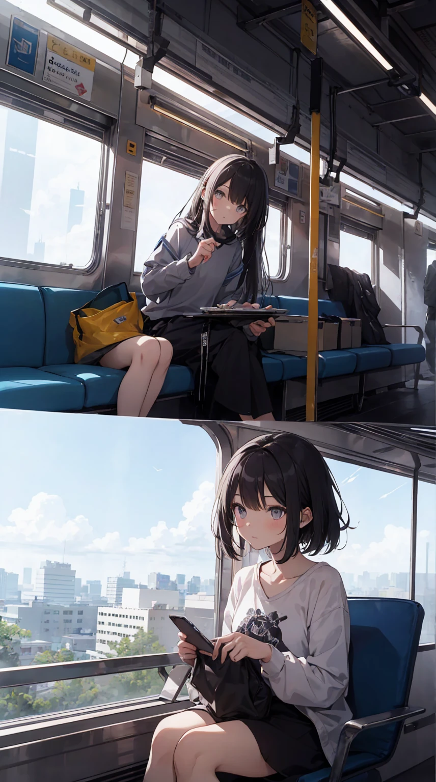 This illustration depicts a cute girl going on a holiday outing. She is in her twenties and has bright eyes. The location is inside the train. However, the most noteworthy thing is the "last mysterious high-energy body" she emits. This energy body released from her body has the power to annihilate the garbage in the sky. The blue-white light reaches every corner. He is sitting and dozing, and is wearing boyish clothes. It's summer and it's very hot.