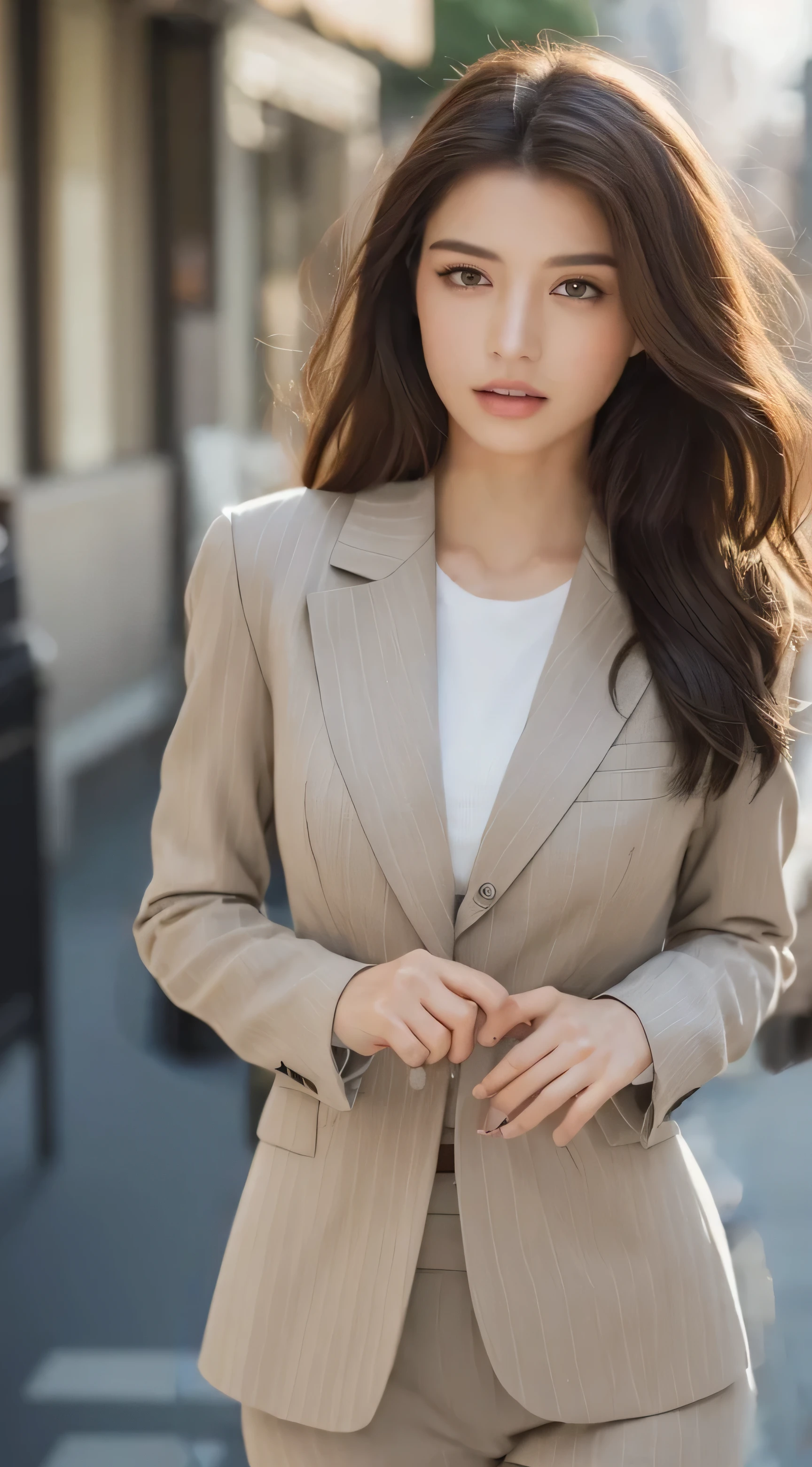 (Wearing a black fitted suit)、