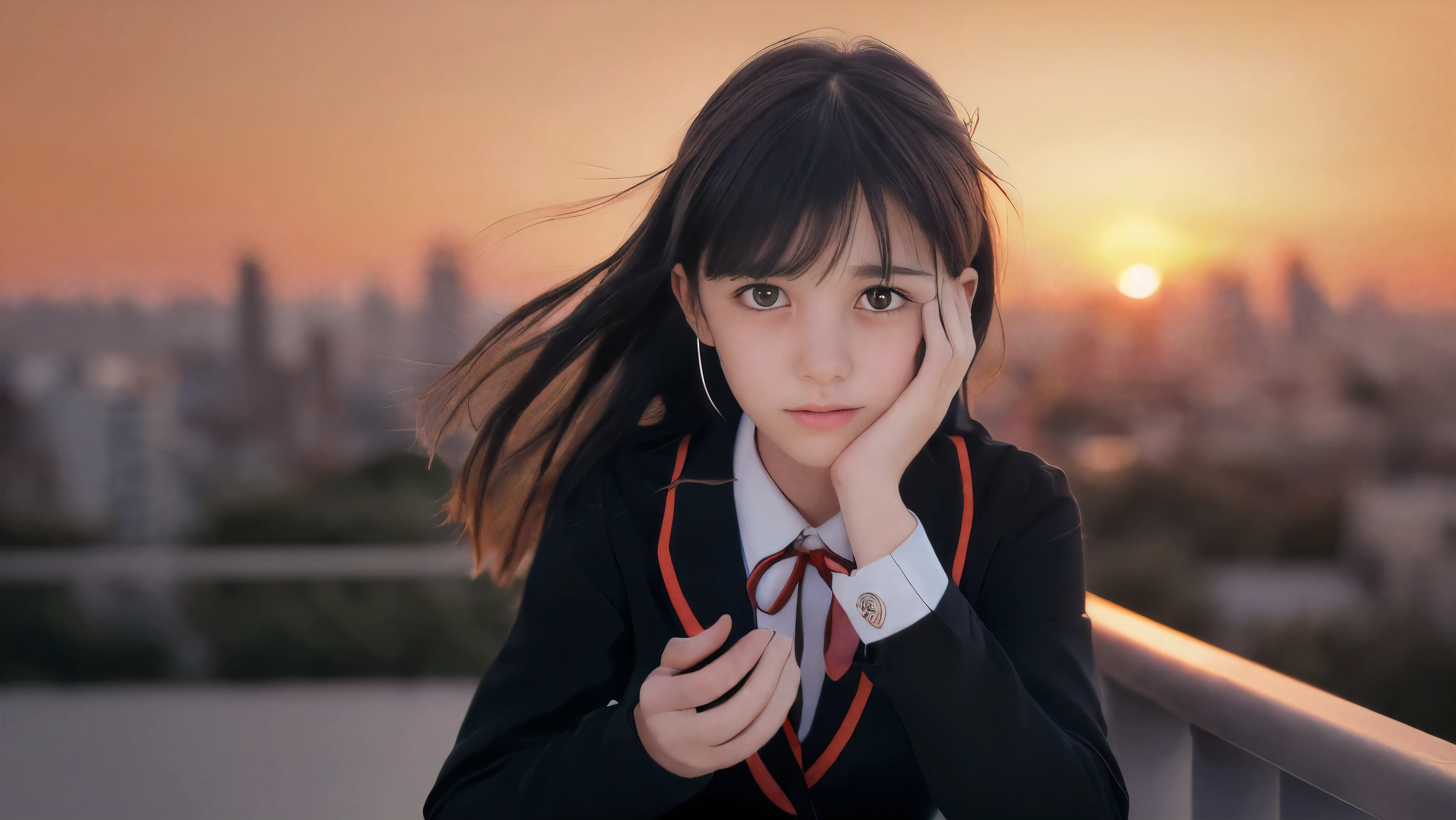 (Close up face shot of one slender small breasts two side up black medium hair bangs girl with crying face in long sleeves black school uniform:1.5)、(One girl is turn around at sunset red sky with her face is reflected sunset light and her hair is blowing in long sleeves black school uniform:1.5)、(Beautiful red sunset sky at skyscraper city landscape:1.5)、(8k ultra detailed master piece:1.5)、(perfect anatomy:1.5)、(Photorealistic stick:1.5)、(Raw photo:1.3)、(highest quality:1.5)、(High resolution:1.3)、(Delicate and beautiful perfect face:1.3)、(Delicate and beautiful eye air skin:1.3)、(Real Human Skin:1.3)、((thin legs))