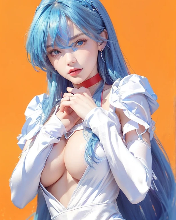 work of art, best qualityer, highest quallity, photorrealistic, Perfect Anatomia, face perfect, perfects eyes,
aqua hair, brabulladbgt, red hair band, red gloves, Red crop top, blue colored eyes, overskirt, hoop earings, choker, 1 girl, plein-air, pose ,glove on hands