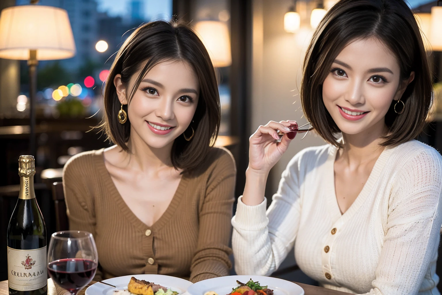 (Realistic:1.1),(masterpiece,Highest quality),8k,(40 years old), 42 years old, slimカップル、Model Couple、actress/actor、Tight waist,Upper Body,full-course dinner、wine 、Amazing view of the sunset sky and clouds、Perfect Anatomy, Brown Hair, short hair,Random Hairstyles,((Highly detailed face and eyes:1.2))(cute顔:1.4),美しいactressの顔,Perfect golden ratio face,Long sleeve shirt、dress,(smile:1.2)、Shortcuts、cute、(Realistic, Intricate details:1.2), A bright smile、short hair,Bright Face、赤wine 、Appetizers、Italian food、wine bottle、Champagne、スパークリングwine、(slimな顔), (The body is slim), (Brown Hair), (Shortcuts), Upper Body, 白wine, slim, wineグラス,