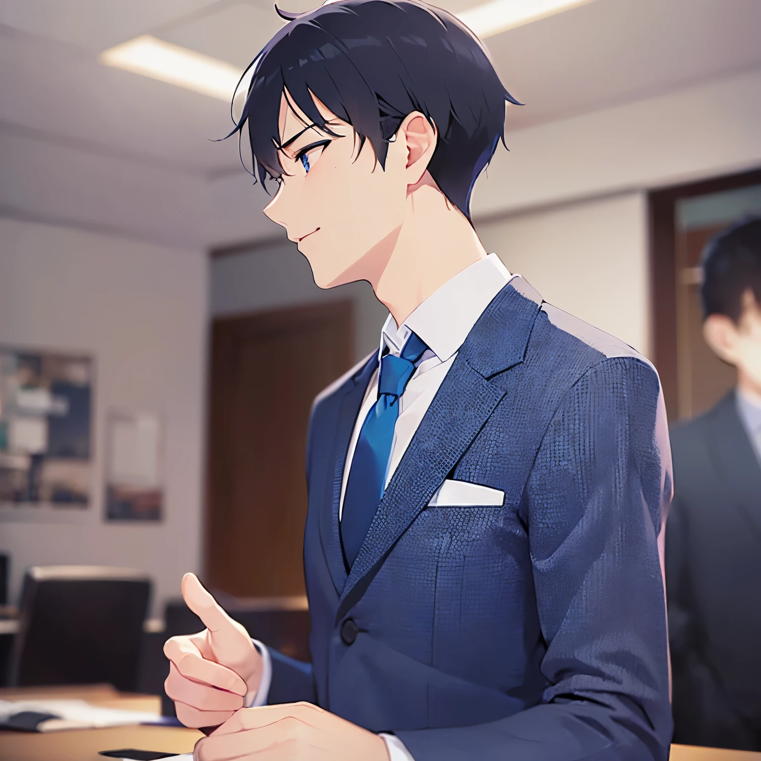 side angle, (looking away:1.5), upper body、
masterpiece、Highest quality、
(25-year-old male:1.5) and(Black short hair) and (blue eyes), 
(suit:1.5) and (Blue tie）(suit:1.5) and (Blue tie）、
Laughing with eyes closed, The background is the conference room、(Alone:1.5)、Upper body is shown、Thumbs up