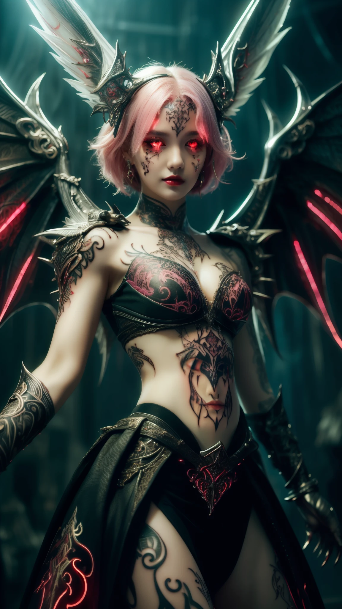 Cute Japanese woman, (s old), (Very cute face: 1.3), Red lips, White moist skin, Melancholic expression,
BREAK,
(Beautiful belly button), (White skin),
BREAK,
Female superior ancient strigoi vampire, Horror, Angel wings, Black wings, Red jewelry, (Big wings: 1.4), Satan, Hellfire, Full body, Devil, Flame,
BREAK,
Short hair, (Short bob hair), (Bangs: 1.2), (Pink hair: 1.3), (Wavy hair),
BREAK,
(Facial tattoo: 1.4), (Facial rhinestones: 1.1),
BREAK,
Masterpiece, Perfect lighting, Ultra high resolution, 8K, (Very detailed: 1.4), (From the front), Looking at the camera,
BREAK,
(Neon lights: 1.2),