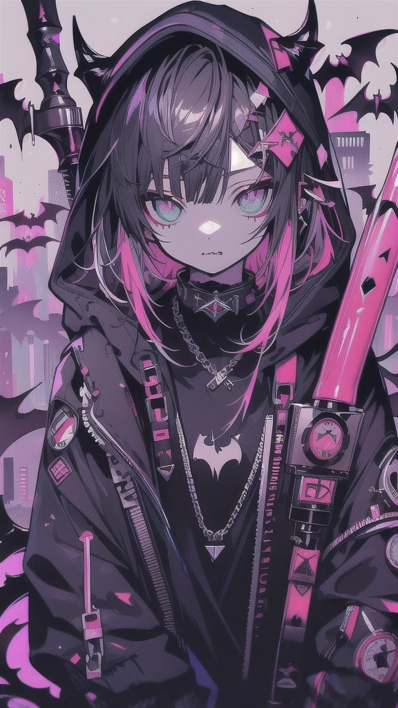 Woman in black dress holding a scythe in front of a city, Gap Moe Yandere Grimdark, from Arknights, Cyberpunk Anime Girl in hoodie, Gothic Maiden Anime Girl, Arknights, Devil Anime Girl, portrait Gap Moe Yandere Grimdark, Cyberpunk Anime Girl, akatsuki akira, Nightcore, vampire, Jan J

