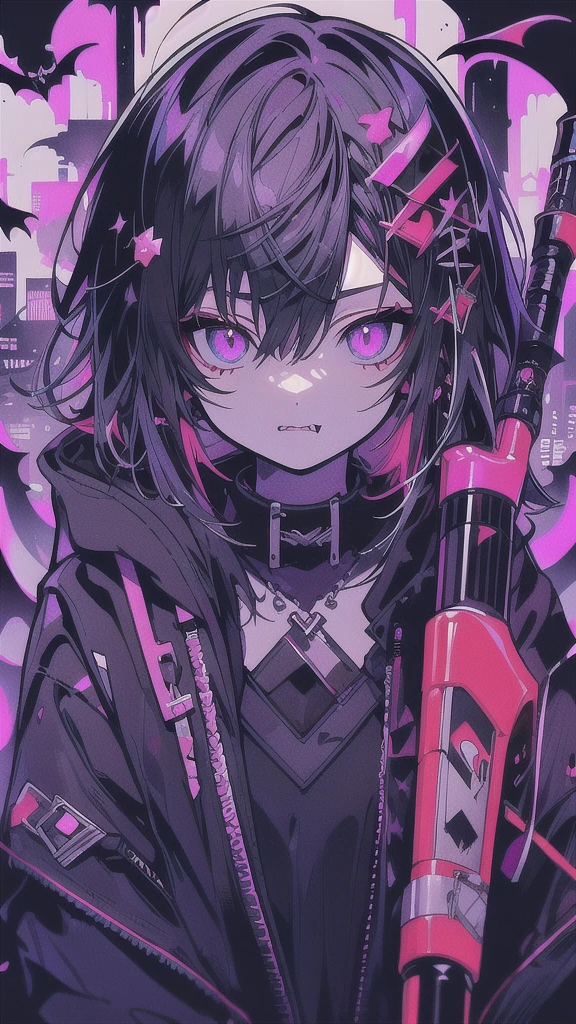 Woman in black dress holding a scythe in front of a city, Gap Moe Yandere Grimdark, from Arknights, Cyberpunk Anime Girl in hoodie, Gothic Maiden Anime Girl, Arknights, Devil Anime Girl, portrait Gap Moe Yandere Grimdark, Cyberpunk Anime Girl, akatsuki akira, Nightcore, vampire, Jan J


