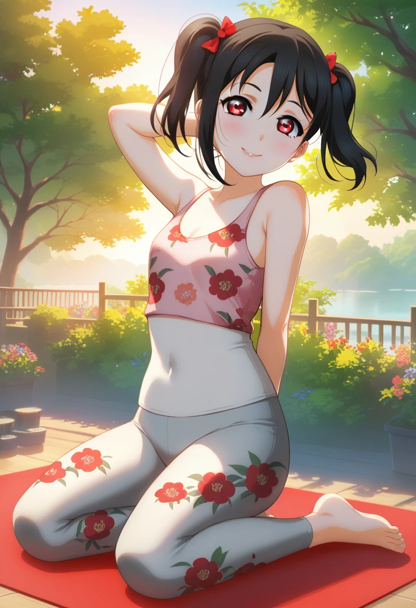 masterpiece, best quality,yazawa nico, black hair, short hair twintails, red eyes, small breast, clavicle, volumetric lighting, illustration, beautiful, tight , Blushing, breasts, looking at viewer, flowers printed tank top, yoga pants,solo, curvy body,floral print, looking to the side, confident, seductive smile, (arms behind back, head tilt:1.1),(breathtaking scenery:1.1), tree, blushing full body shot