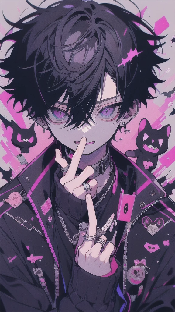 A man wearing a black jacket and white shirt is raising his hand, Anime Shōnen, Male Anime Style, Inspired by Kun Kang, ken kaneki, kaneki ken, Gap Moe Yandere, With index finger, Anime Moe Art Style, inspired by Okumura Togyu, Handsome anime pose, [[[[smile wickedly]]]]
