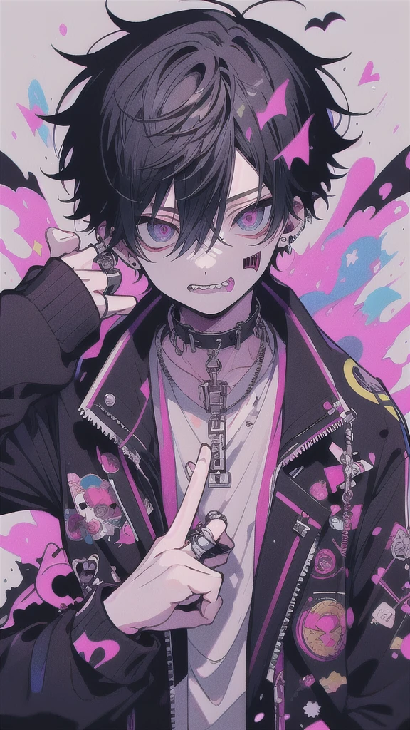 A man wearing a black jacket and white shirt is raising his hand, Anime Shōnen, Male Anime Style, Inspired by Kun Kang, ken kaneki, kaneki ken, Gap Moe Yandere, With index finger, Anime Moe Art Style, inspired by Okumura Togyu, Handsome anime pose, [[[[smile wickedly]]]]
