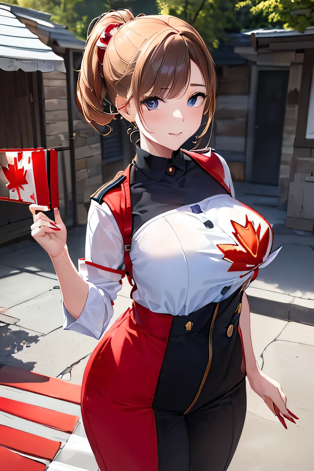 (((Canadian flag themed outfit:1.3))),(((Woman in men's clothing:1.3))),(Maple Leaf Flag),(masterpiece,Highest quality,Ultra-high resolution output images,Write boundary depth,Intricate details,Adding dimension to your subject with the contrast of light and shadow,Anatomically correct facial structure),(Picture Mode Ultra HD,)