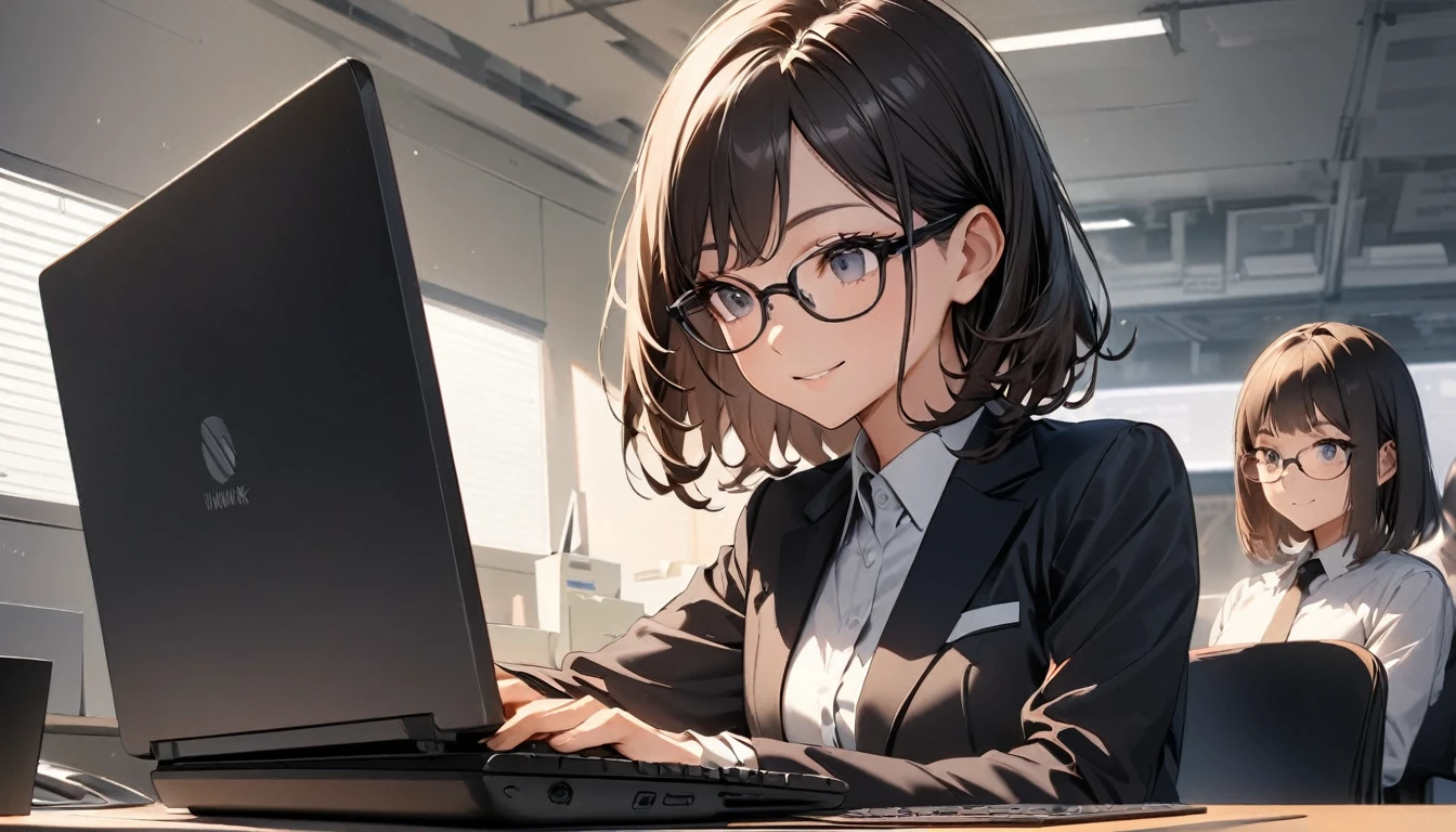 Office workers working on a computer,Portraiture,Professional,Wearing a smart suit,Stylish glasses,Typing on a sleek laptop,Use a wireless mouse,Sitting at a modern desk,A soft smile,Soft natural light,High resolution,High resolution,Very detailed.One Woman ,alone
