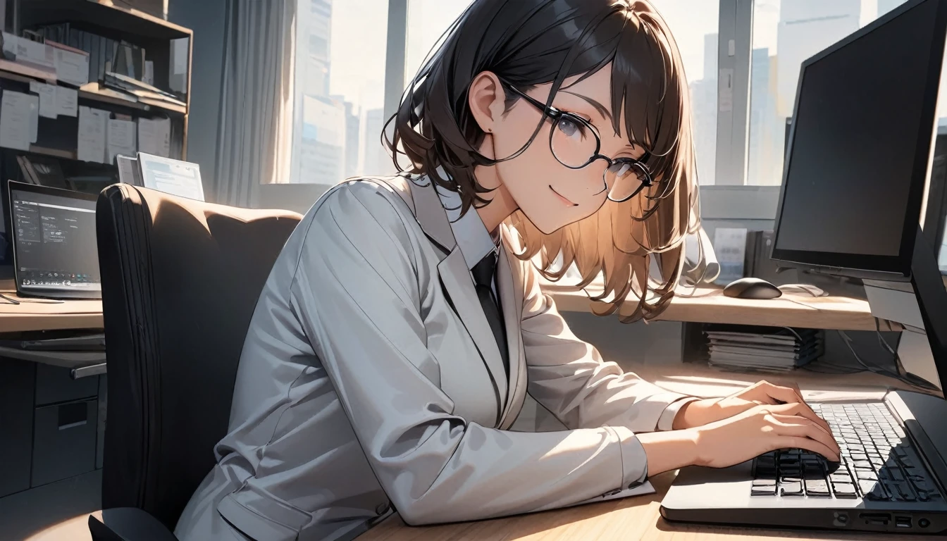 Office workers working on a computer,Portraiture,Professional,Wearing a smart suit,Stylish glasses,Typing on a sleek laptop,Use a wireless mouse,Sitting at a modern desk,A soft smile,Soft natural light,High resolution,High resolution,Very detailed.One Woman ,alone