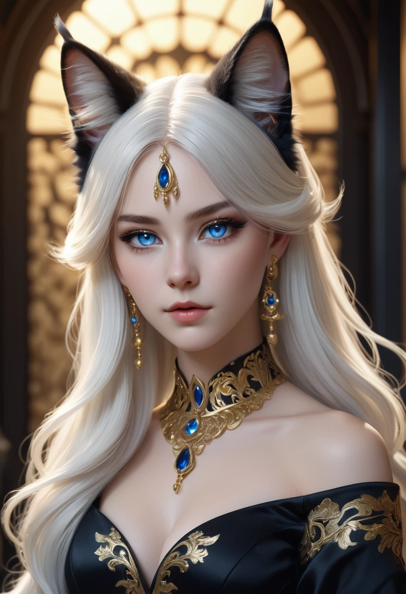 a beautiful bakeneko with long white hair, piercing blue eyes, wearing a stunning black dress with intricate gold details, adorned with cat ears and a graceful cat tail, (best quality,4k,8k,highres,masterpiece:1.2),ultra-detailed,(realistic,photorealistic,photo-realistic:1.37),detailed facial features, delicate hands, intricate dress patterns, glowing eyes, ethereal presence, dramatic lighting, fantasy, digital art