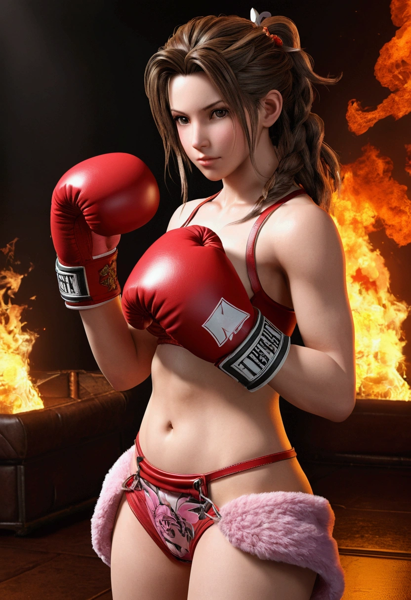 Aerith Gainsborough, skintight leather thong, topless, fire printed boxing gloves, big ass, thick pudgy thighs, big