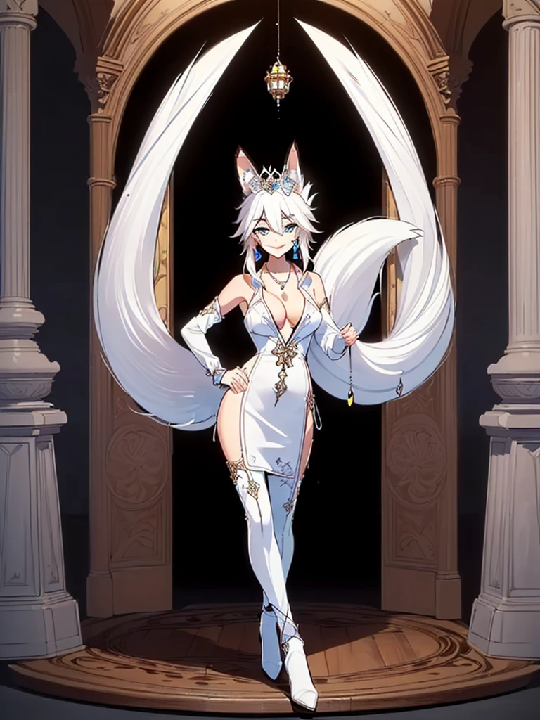 great quality ++ Extremely detailed high resolutionolution, very aesthetic, expressive eyes, (((Perfect face))), (((face symmetrical))), ((good anatomy)), (((perfect hands))), (((8k))), UHD, hd wallpaper, (((detailed high cal, (((((1girl)))))), only, Masterpiece, The best quality, high resolution, Highly detailed, (illustration), Beautiful detailed eyes, ((((fullbody))), (((solo))), (((((koyan-la1))))), (((smiling))), (((fusion))), (((agglutination))), (((Combination))), ((((((((White hair)))))))), (((blue eyes))), (((ponytail))), (((jewelry))), (((necklace))), (((earrings))), only, jaeces, earrings, long hair, parody, (((scar))), (((scar ocular))), (((hair ornament))), (((whiter castle background))), (((hand on hip))), (((strolling))), Side ponytail, scar en la cara, (((Upper part of the body))), (((fox tail))), (((fox ears))), (((tiara))), (((jewelry))), (((earrings))), (((neckline trimming))),
