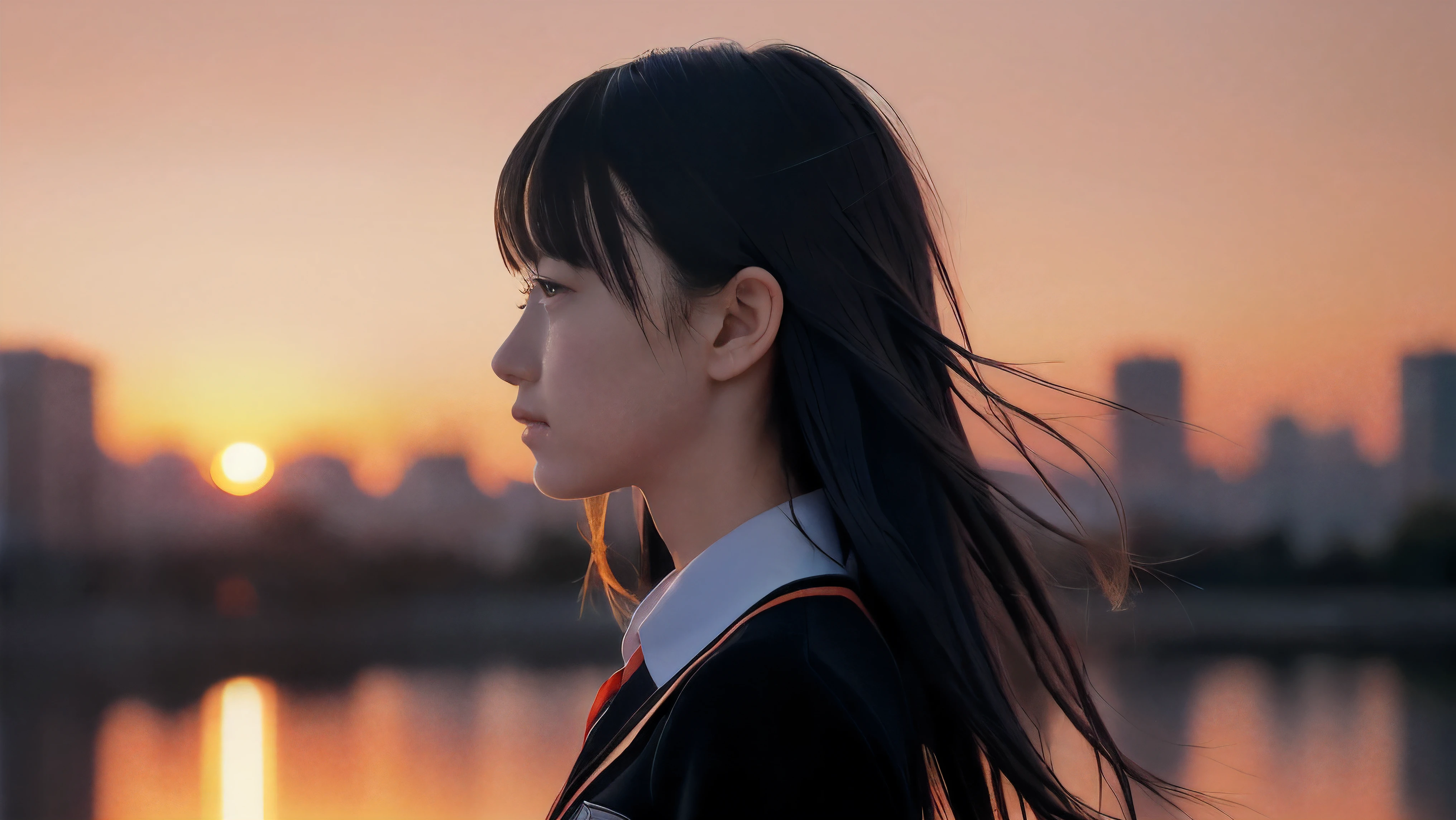 (Close up profile shot of one slender small breasts two side up black medium hair bangs girl with crying face in long sleeves black school uniform:1.5)、(One girl is looking at sunset red sky with her face is reflected sunset light and her hair is blowing in long sleeves black school uniform:1.5)、(Beautiful red sunset sky at skyscraper city landscape:1.5)、(8k ultra detailed master piece:1.5)、(perfect ???????:1.5)、(Photorealistic stick:1.5)、(Raw photo:1.3)、(highest quality:1.5)、(High resolution:1.3)、(Delicate and beautiful perfect face:1.3)、(Delicate and beautiful eye air skin:1.3)、(Real Human Skin:1.3)、((thin legs))