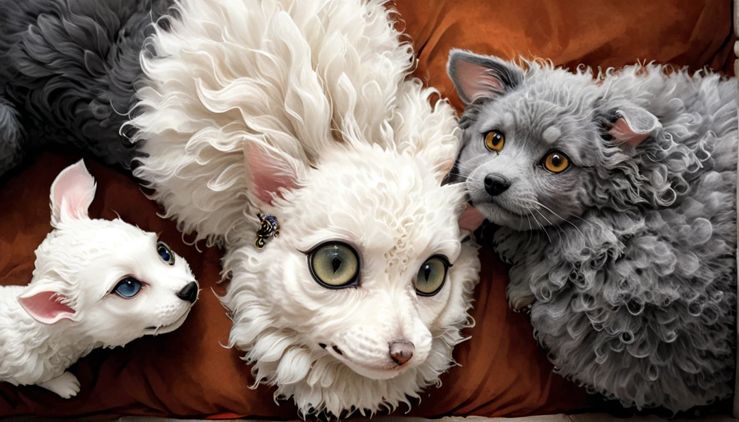 A regal grey cat looking down upon a white poodle, beautiful detailed eyes, beautiful detailed fur, highly detailed, anime style,  intricate details, soft lighting, warm colors, overhead view