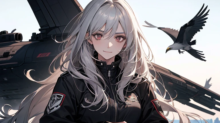 (Confused, High resolution, Very detailed), 1 female, Silver Hair,Long Hair,Reddish brown eyes,black pilot jacket,Black and white suit,20th Generation,Beautiful woman,A shy smile,thin,Are thin,quiet,Calm,Carrying a white crow,Accompanied by many white crows,