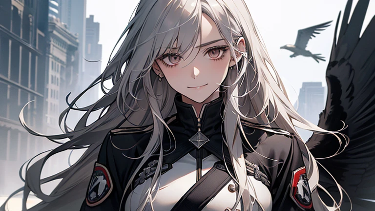 (Confused, High resolution, Very detailed), 1 female, Silver Hair,Long Hair,Reddish brown eyes,black pilot jacket,Black and white suit,20th Generation,Beautiful woman,A shy smile,thin,Are thin,quiet,Calm,Carrying a white crow,Accompanied by many white crows,