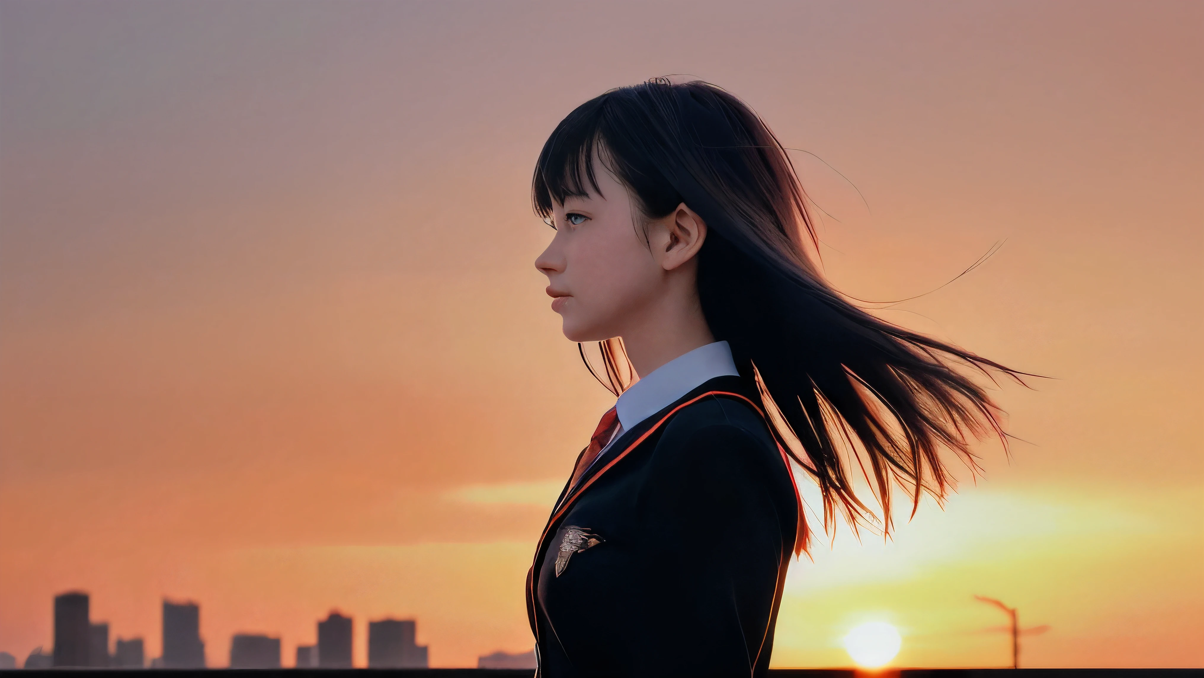(Close up profile shot of one slender small breasts two side up black medium hair bangs girl with crying face in long sleeves black school uniform:1.5)、(One girl is looking at sunset red sky with her face is reflected sunset light and her hair is blowing in long sleeves black school uniform:1.5)、(Beautiful red sunset sky at skyscraper city landscape:1.5)、(8k ultra detailed master piece:1.5)、(perfect ???????:1.5)、(Photorealistic stick:1.5)、(Raw photo:1.3)、(highest quality:1.5)、(High resolution:1.3)、(Delicate and beautiful perfect face:1.3)、(Delicate and beautiful eye air skin:1.3)、(Real Human Skin:1.3)、((thin legs))