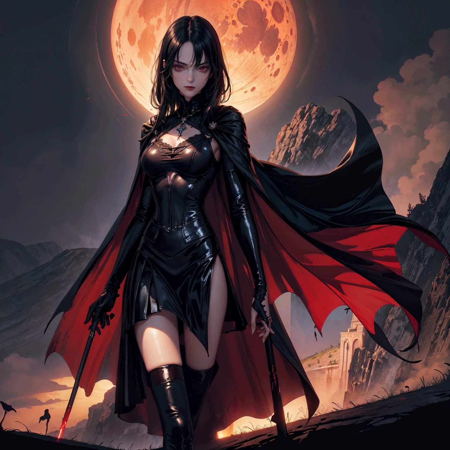 best quality, 4K, high resolution, masterpiece:1.2, Very detailed, actual:1.37, Mood lighting, Girl in a long cape, Wearing a reflective latex skirt and a reflective rubber bra, Dangerous sneer, Black Hair, Standing, Facing the camera, Crucified, Pitch black sky, Blood-red moon, strange atmosphere, Gothic style, Unforgettable beauty, Dramatic shadows, Ethereal Light, Mysterious atmosphere.