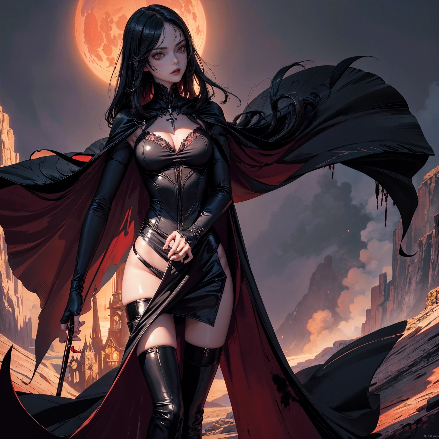 best quality, 4K, high resolution, masterpiece:1.2, Very detailed, actual:1.37, Mood lighting, Girl in a long cape, Wearing a reflective latex skirt and a reflective rubber bra, Dangerous sneer, Black Hair, Standing, Facing the camera, Crucified, Pitch black sky, Blood-red moon, strange atmosphere, Gothic style, Unforgettable beauty, Dramatic shadows, Ethereal Light, Mysterious atmosphere.