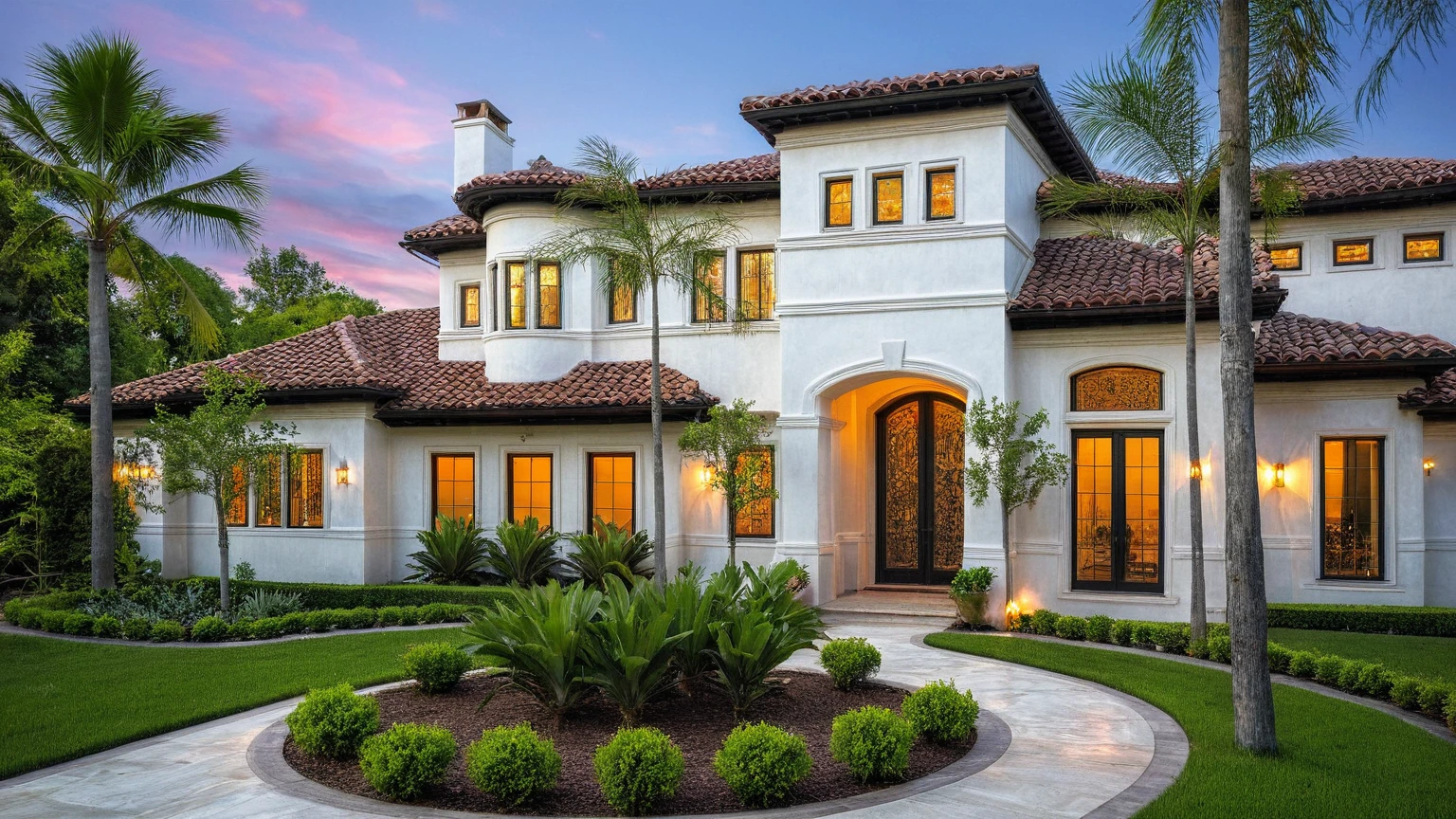(RAW photo, masterpiece, best quality,ultra-detailed, extremely delicate and beautiful, highresolution, best shadow:1.1), A Mediterranean Italian style home with white stucco walls, black accents and windows, large front yard, vivid color, beautiful shrubs and flower, tropical tree and plants, professional photography in the style of an Italian classic home.